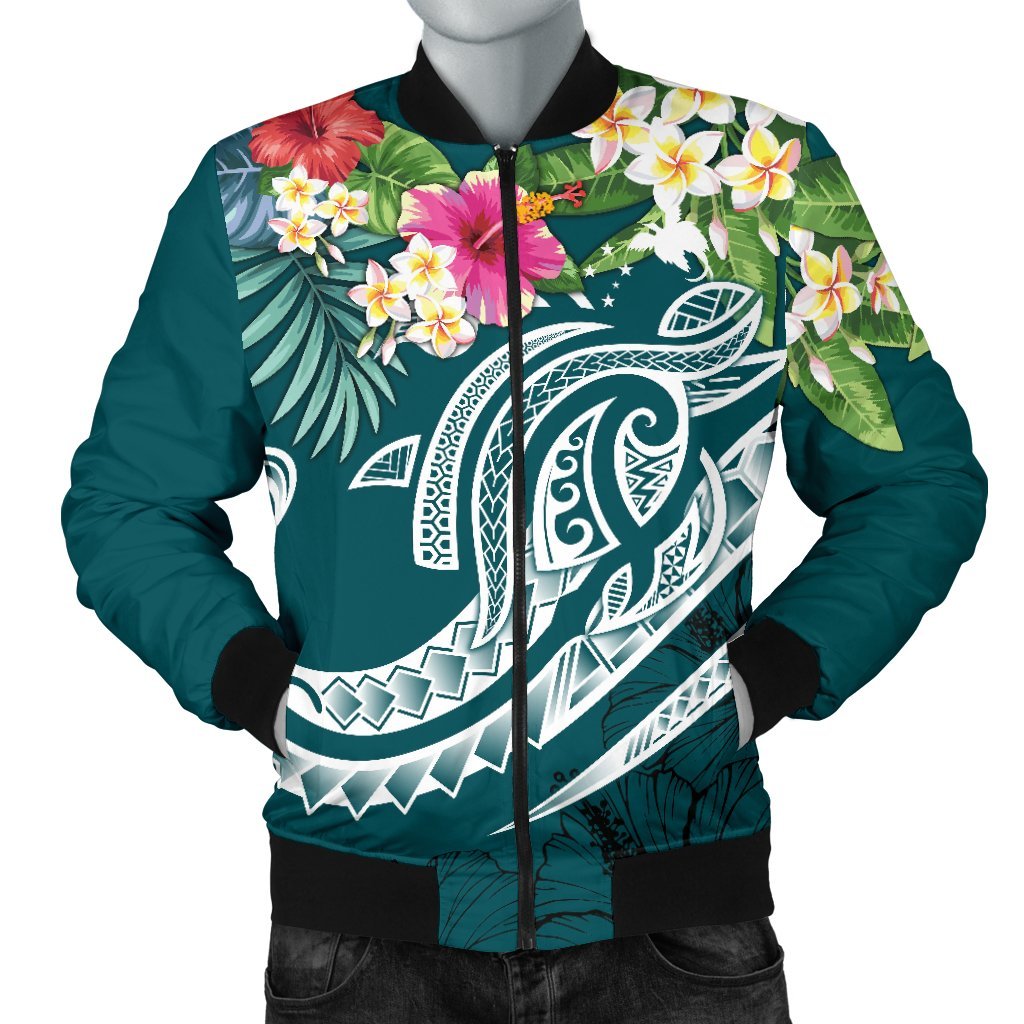 Papua New Guinea Polynesian Men's Bomber Jacket - Summer Plumeria (Turquoise) Turquoise - Polynesian Pride