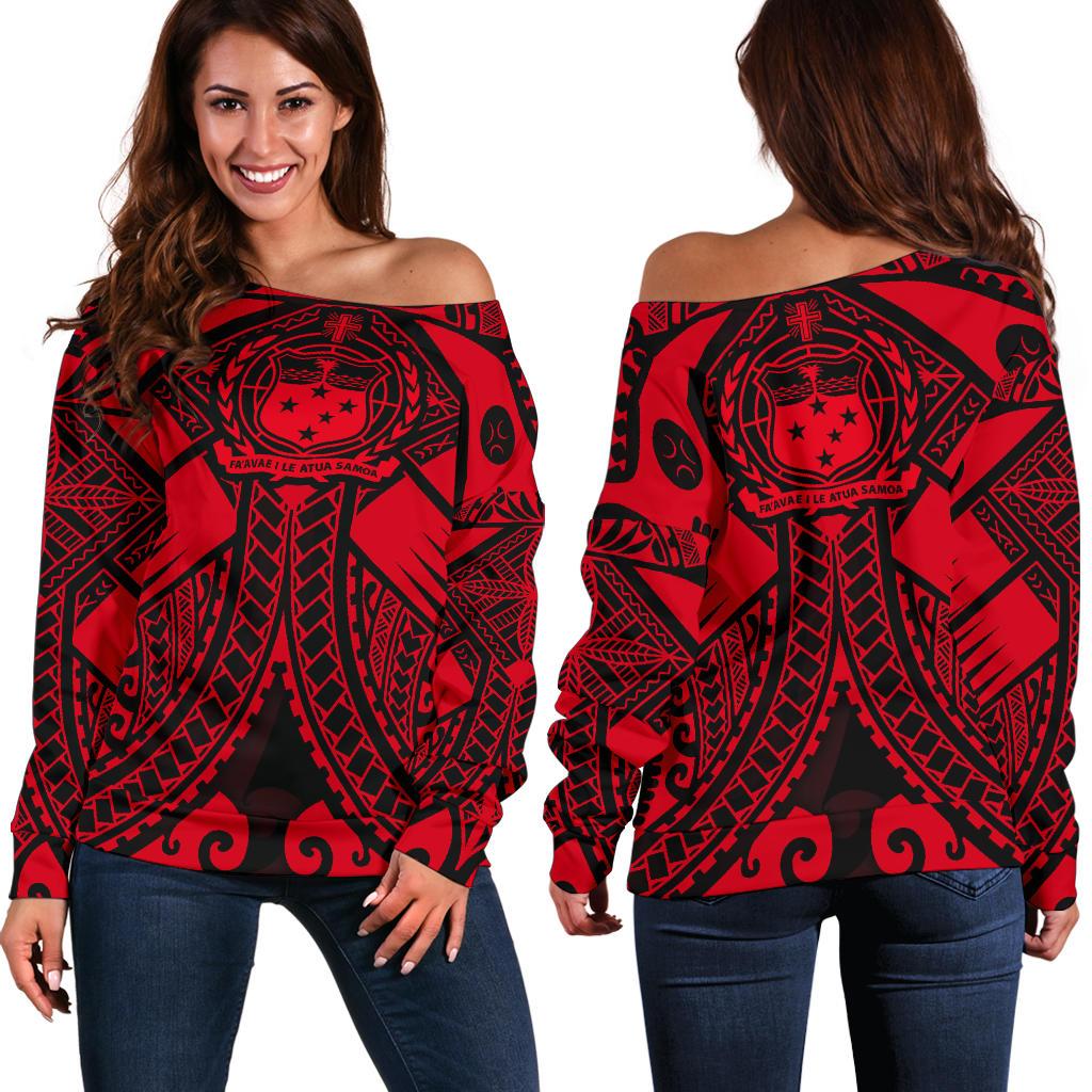 Samoa Polynesian Women's Off Shoulder Sweater - Samoa Red Seal with Polynesian Tattoo Red - Polynesian Pride