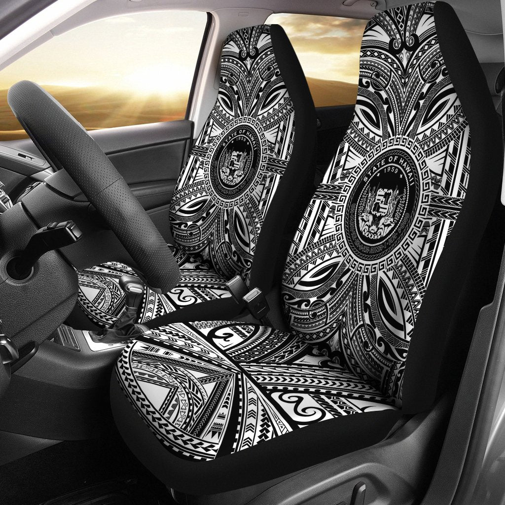 Hawaii Car Seat Cover - Hawaii Coat Of Arms Polynesian White Black Universal Fit Black - Polynesian Pride