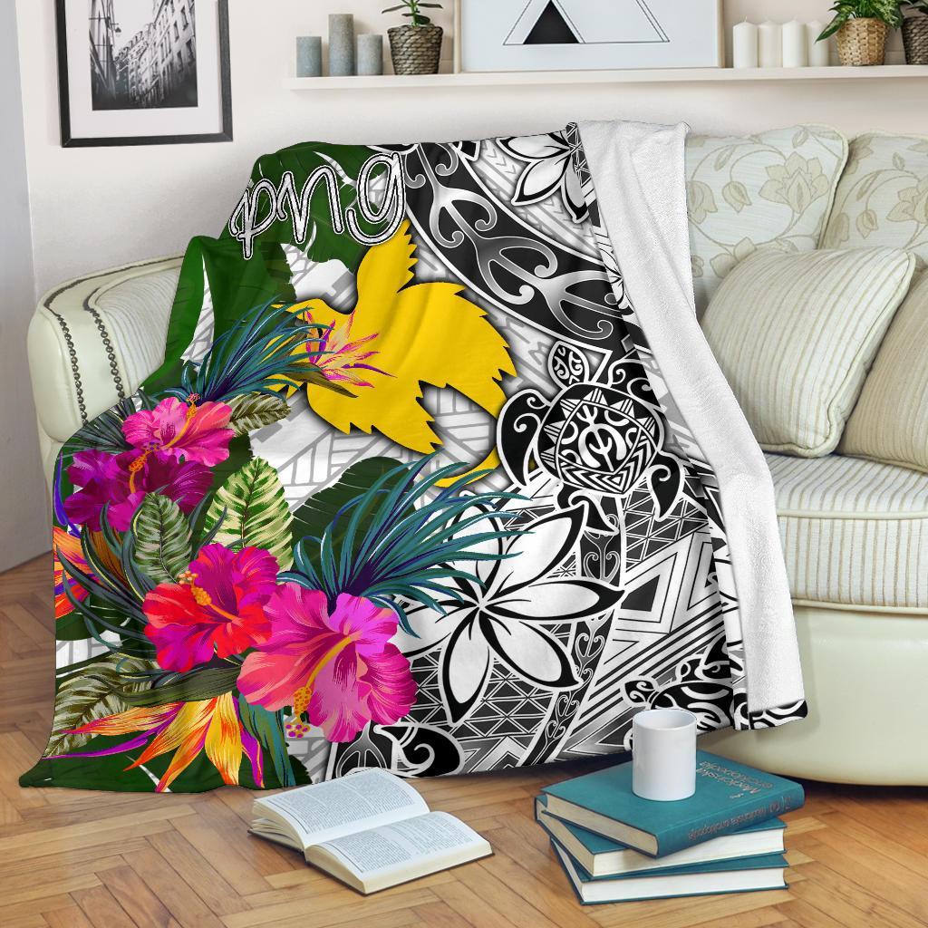 Papua New Guinea Premium Blanket White - Turtle Plumeria Banana Leaf - Polynesian Pride