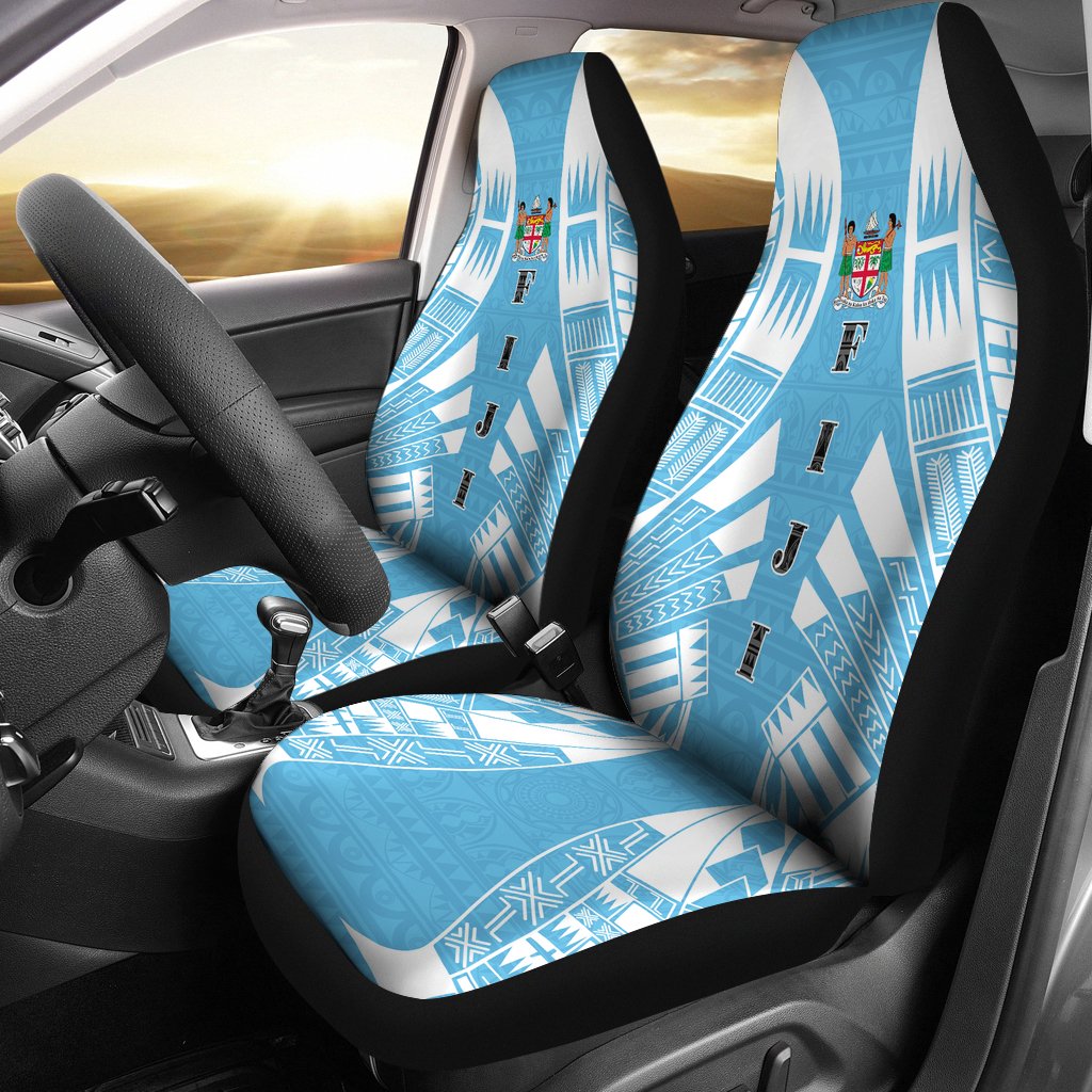 Fiji Car Seat Covers - Fiji Coat Of Arms Polynesian Tattoo Flag Universal Fit SkyBlue - Polynesian Pride