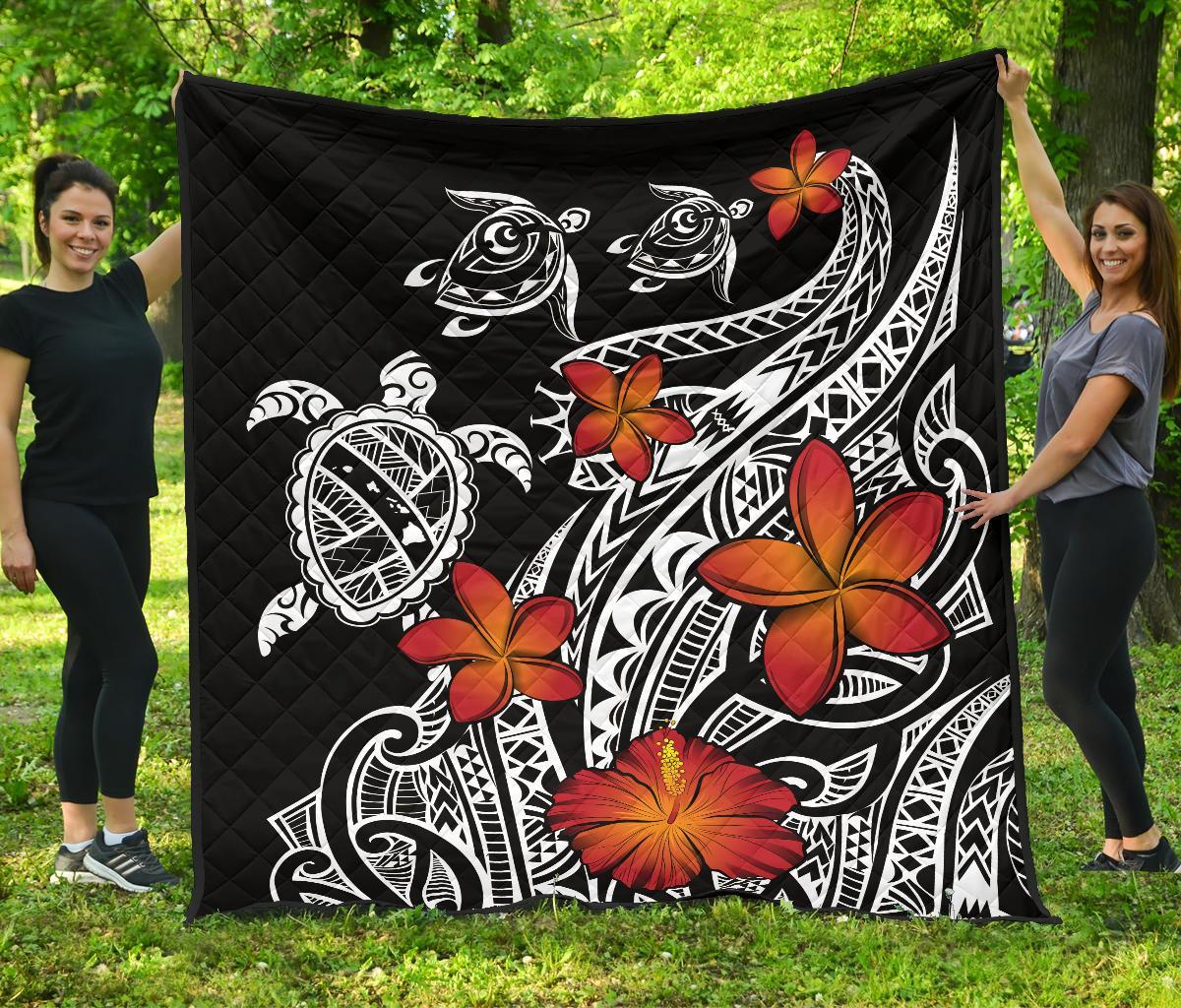 Hawaiian Map Turtle Swim Plumeria Polynesian Quilt Black - Polynesian Pride