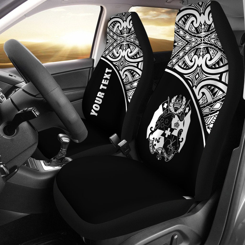 Tonga Custom Personalised Car Seat Covers - Tonga Coat Of Arms Polynesian White Curve Universal Fit Black - Polynesian Pride