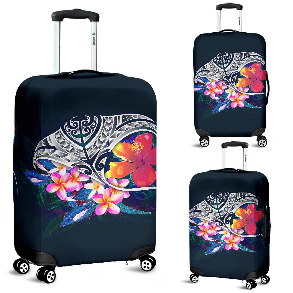Polynesian Luggage Covers - Manta Ray And Hibiscus Blue - Polynesian Pride