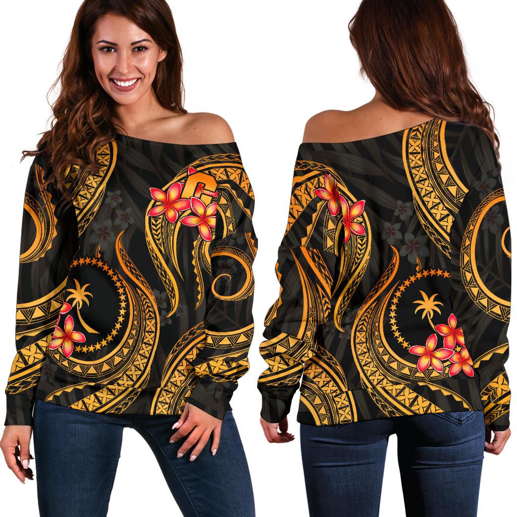 Chuuk Micronesian Women Off Shoulder Sweater - Gold Plumeria Gold - Polynesian Pride