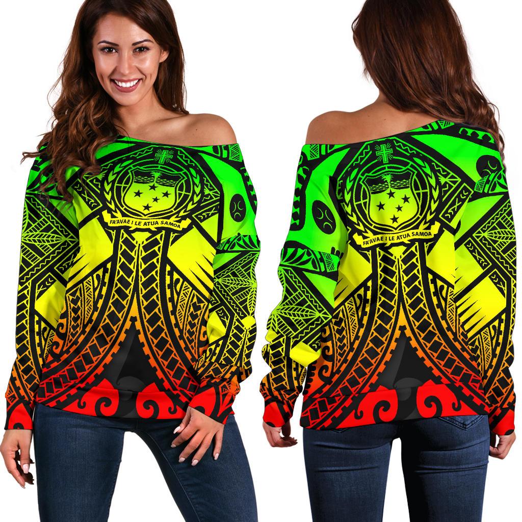 Samoa Polynesian Women's Off Shoulder Sweater - Samoa Reggae Seal with Polynesian Tattoo Art - Polynesian Pride