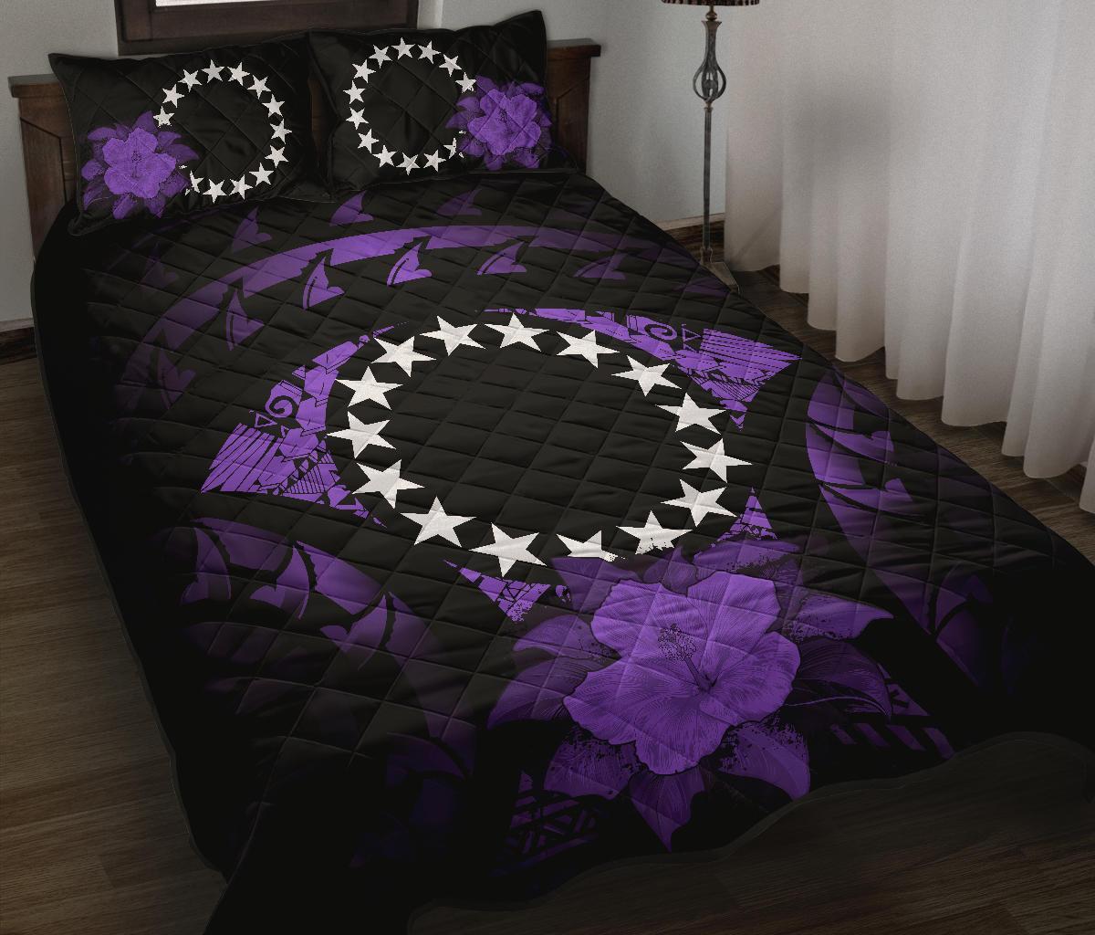 Cook Islands Polynesian Quilt Bed Set Hibiscus Purple Black - Polynesian Pride