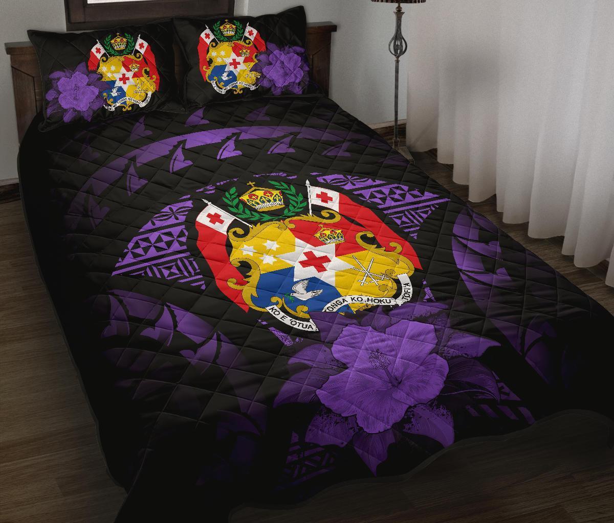 Tonga Polynesian Quilt Bed Set Hibiscus Purple Black - Polynesian Pride