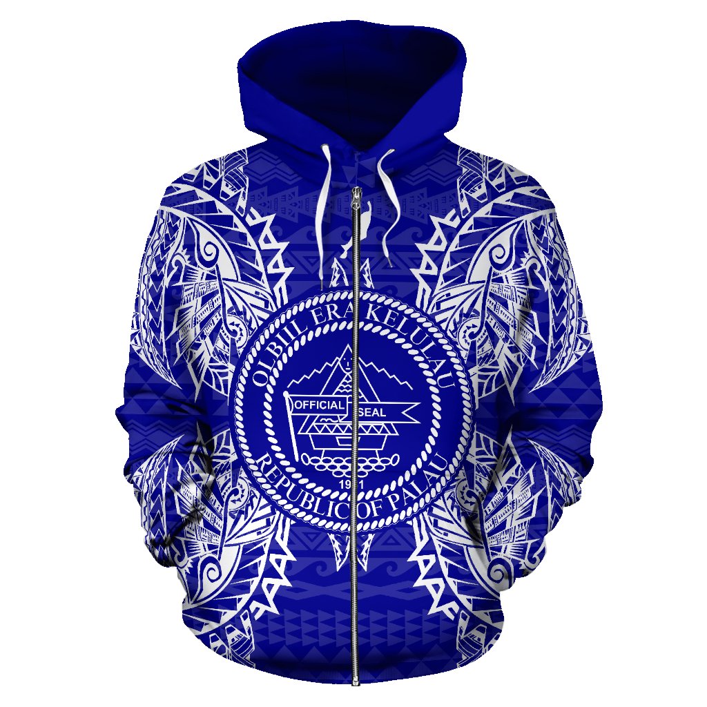 Palau Polynesian All Over Zip up Hoodie Map Blue - Polynesian Pride