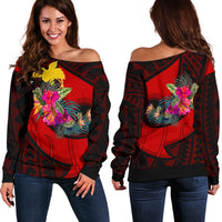 Papua New Guinea Women's Off Shoulder Sweater - Polynesian Hook And Hibiscus (Red) - Polynesian Pride