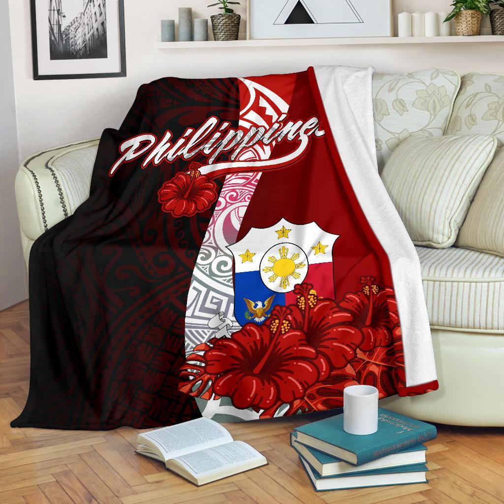 Philippines Polynesian Premium Blanket - Coat Of Arm With Hibiscus White - Polynesian Pride