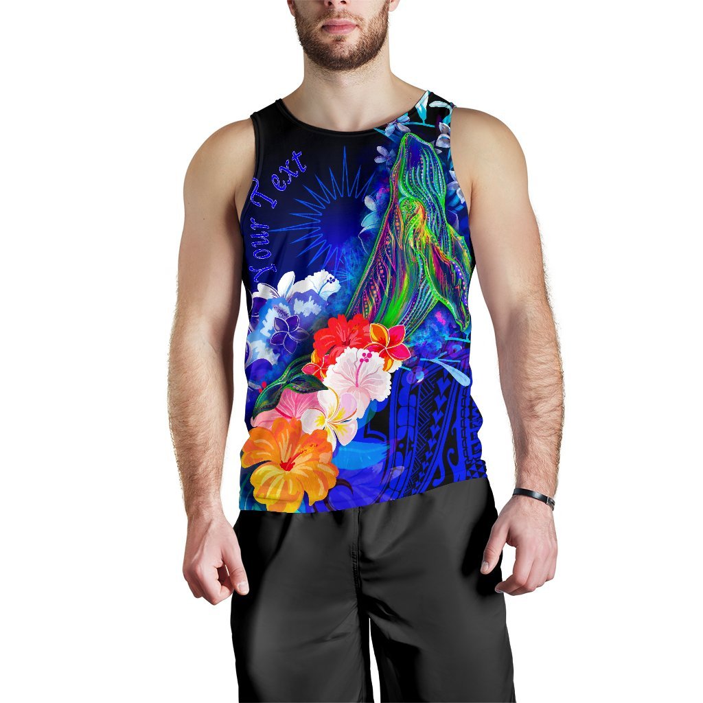Marshall Islands Custom Personalised Men's Tank Top - Humpback Whale with Tropical Flowers (Blue) - Polynesian Pride