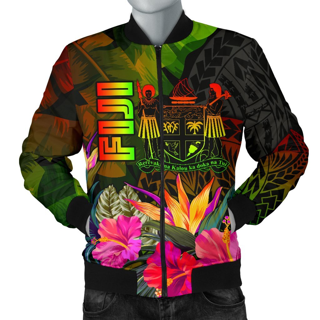 Fiji Polynesian Men's Bomber Jacket - Hibiscus and Banana Leaves Reggae - Polynesian Pride