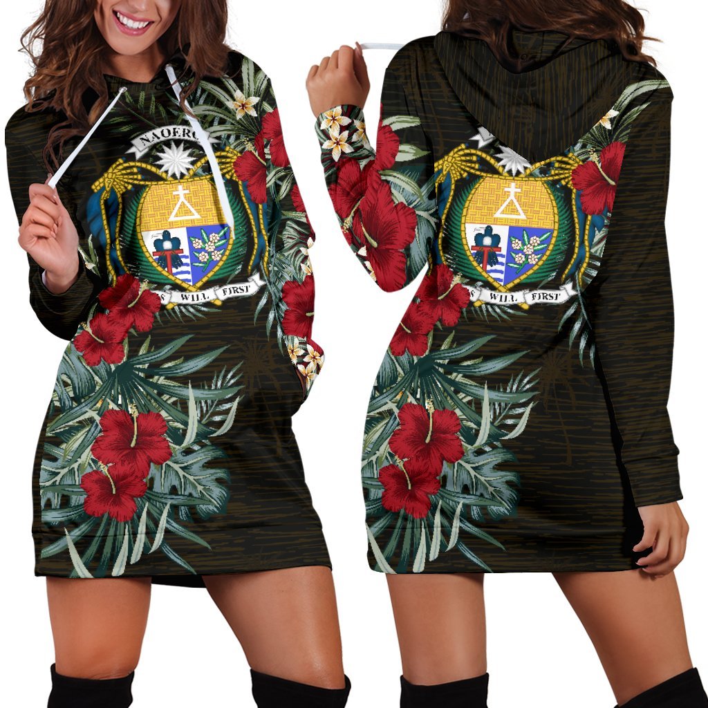 Nauru Hoodie Dress - Nauru Coat Of Arms Hibiscus Black - Polynesian Pride