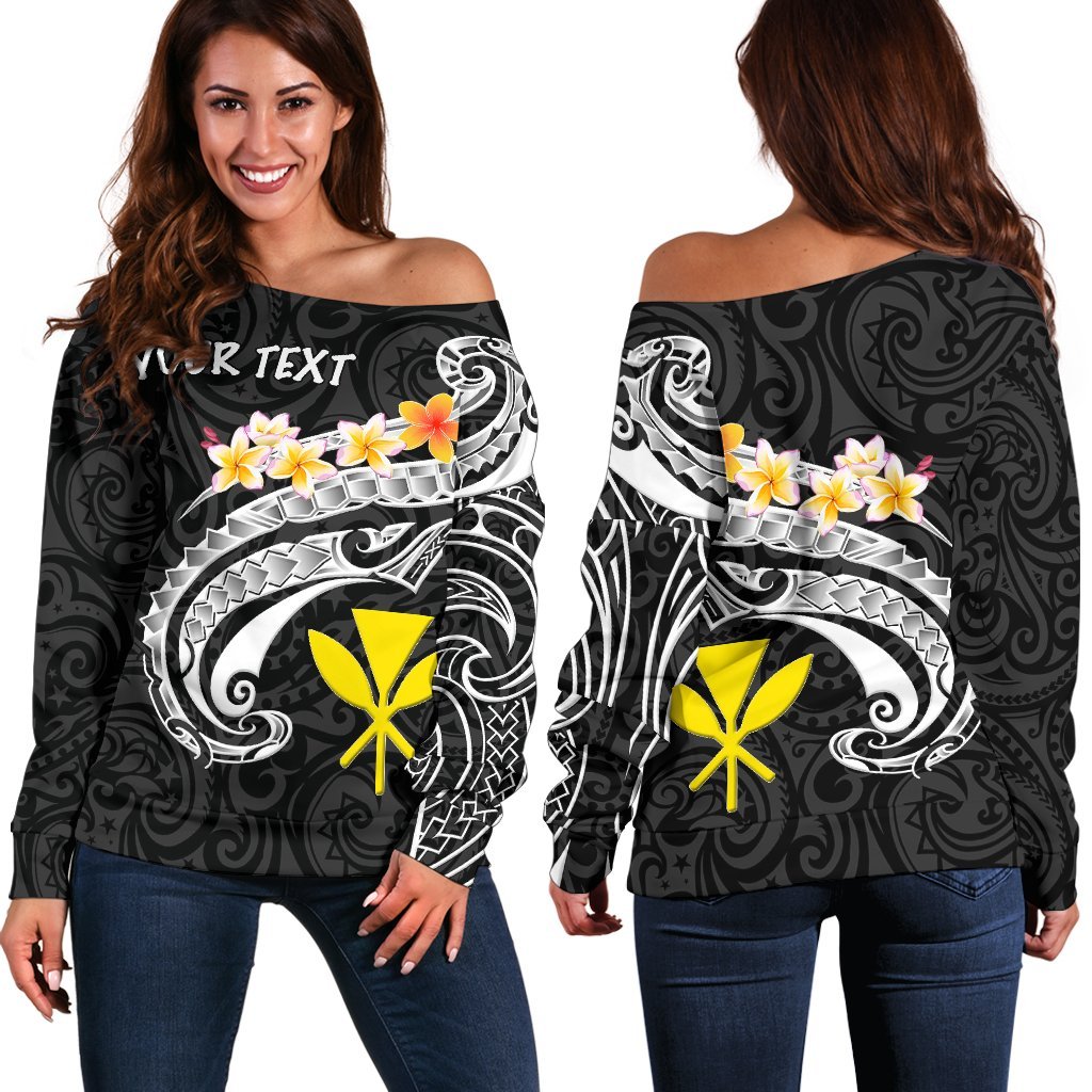 Hawaii Custom Personalised Women's Off Shoulder Sweater - Kanaka Maoli Polynesian Patterns Plumeria (Black) - Polynesian Pride
