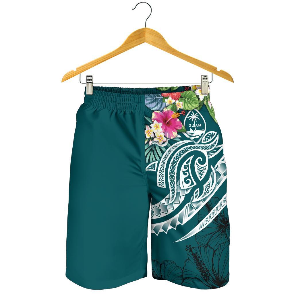 Guam Polynesian Men's Shorts - Summer Plumeria (Turquoise) - Polynesian Pride