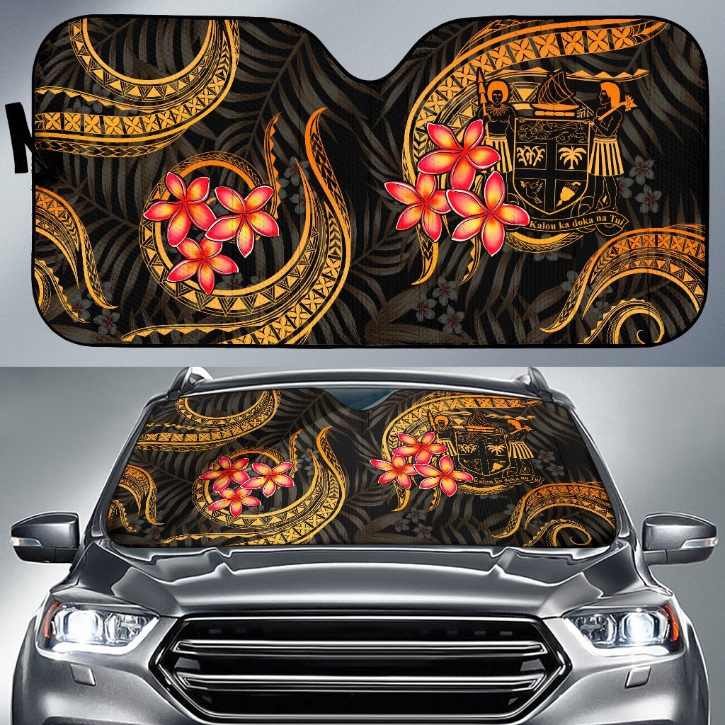 Fiji Auto Sun Shades - Gold Plumeria Coat of Arm Auto Sun Shade Universal Fit GOLD - Polynesian Pride