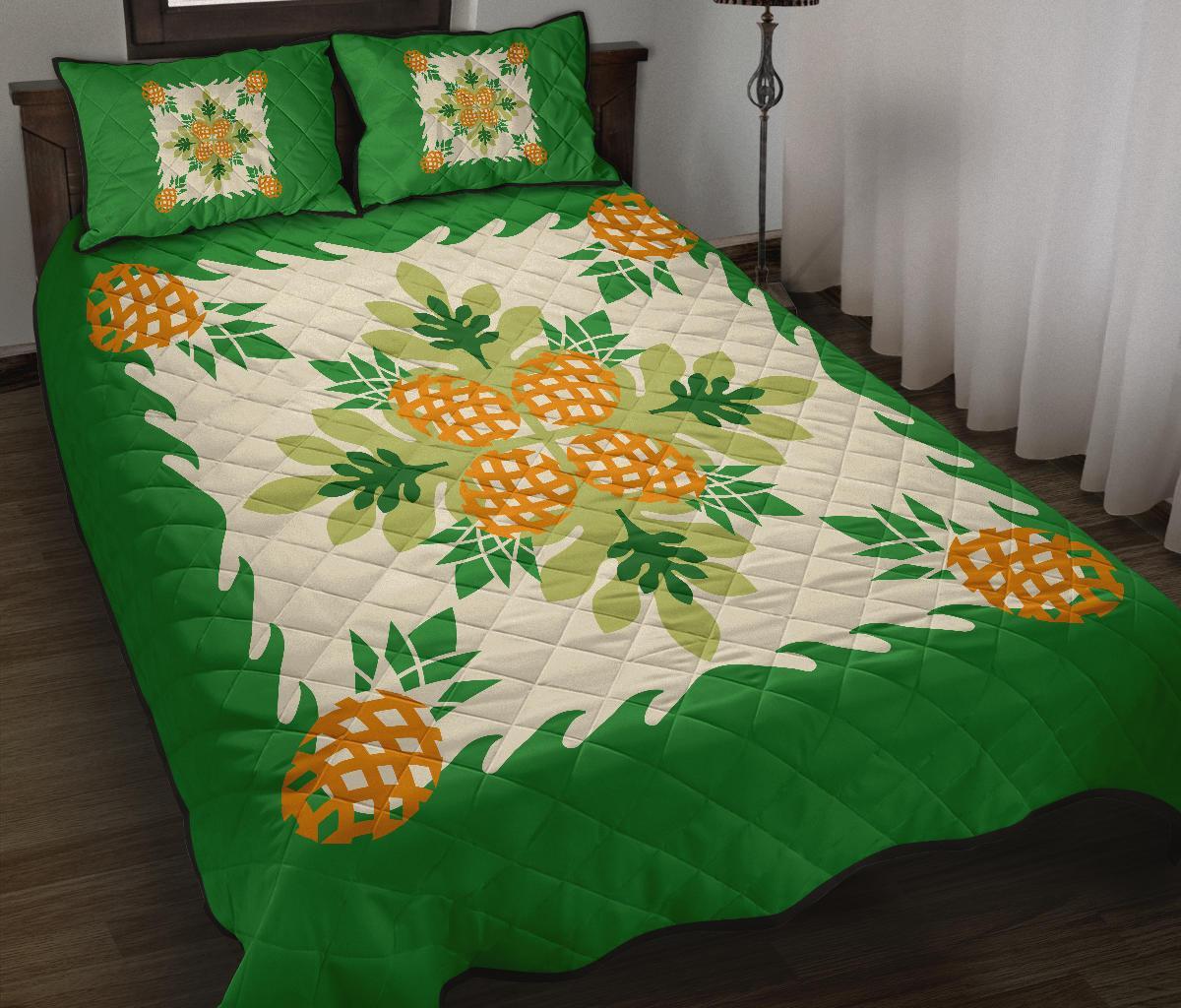 Hawaiian Quilt Bed Set Pineapple Pattern - Green - Polynesian Pride