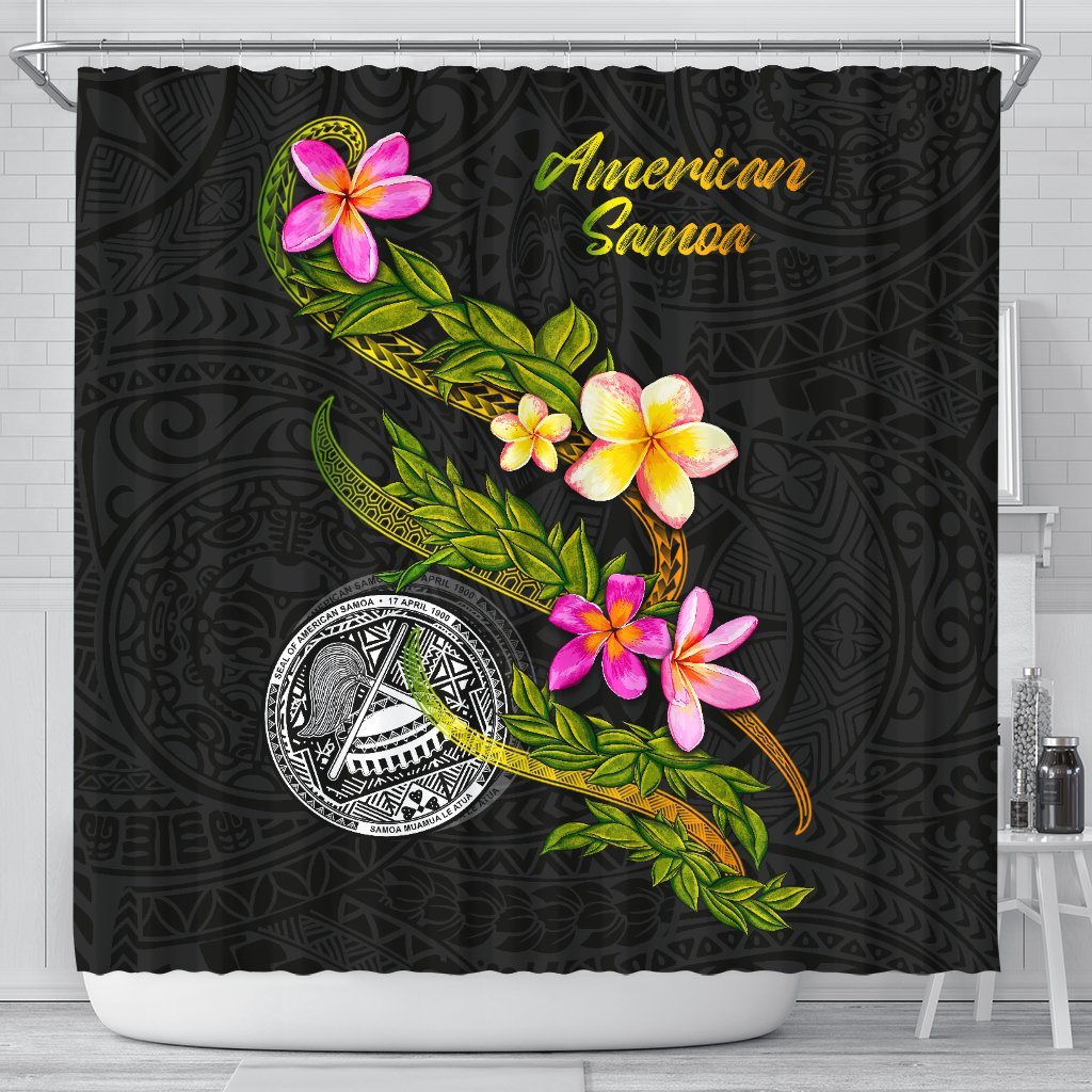 American Samoa Polynesian Shower Curtain - Plumeria Tribal 177 x 172 (cm) Black - Polynesian Pride