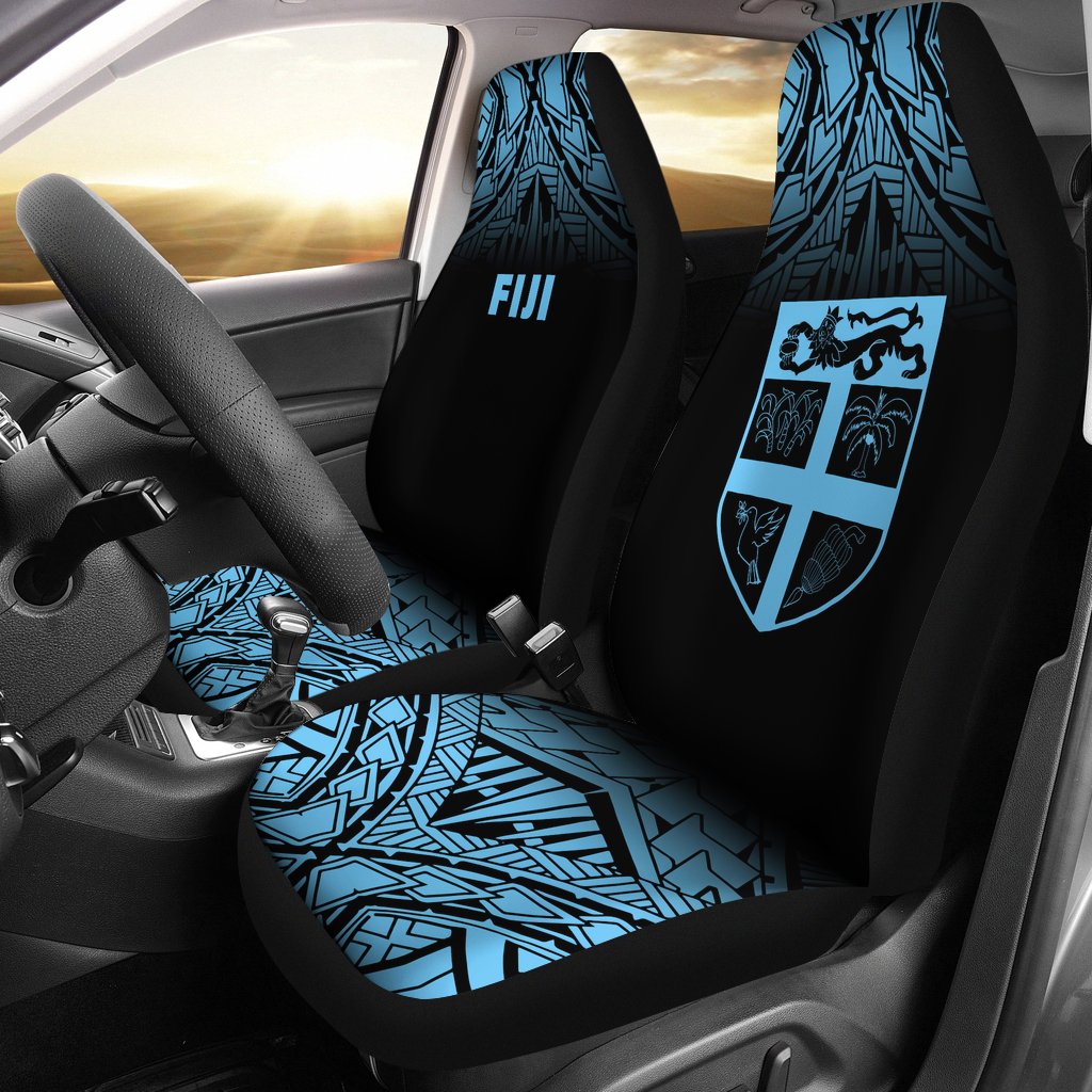 Fiji Tapa Car Seat Covers - Fiji Flag Polynesian Tattoo Fog Blue Universal Fit Blue - Polynesian Pride