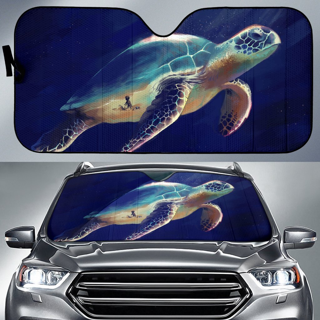 Memory Of A Day By The Sea And A Sea Turtle Car Sun Shade Auto Sun Shade Universal Fit Blue - Polynesian Pride