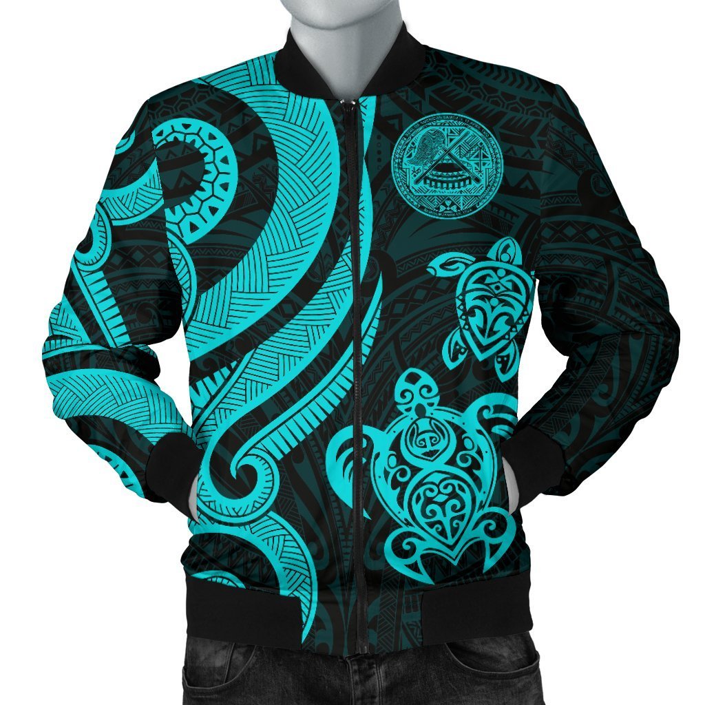 American Samoa Men's Bomber Jacket - Turquoise Tentacle Turtle Turquoise - Polynesian Pride