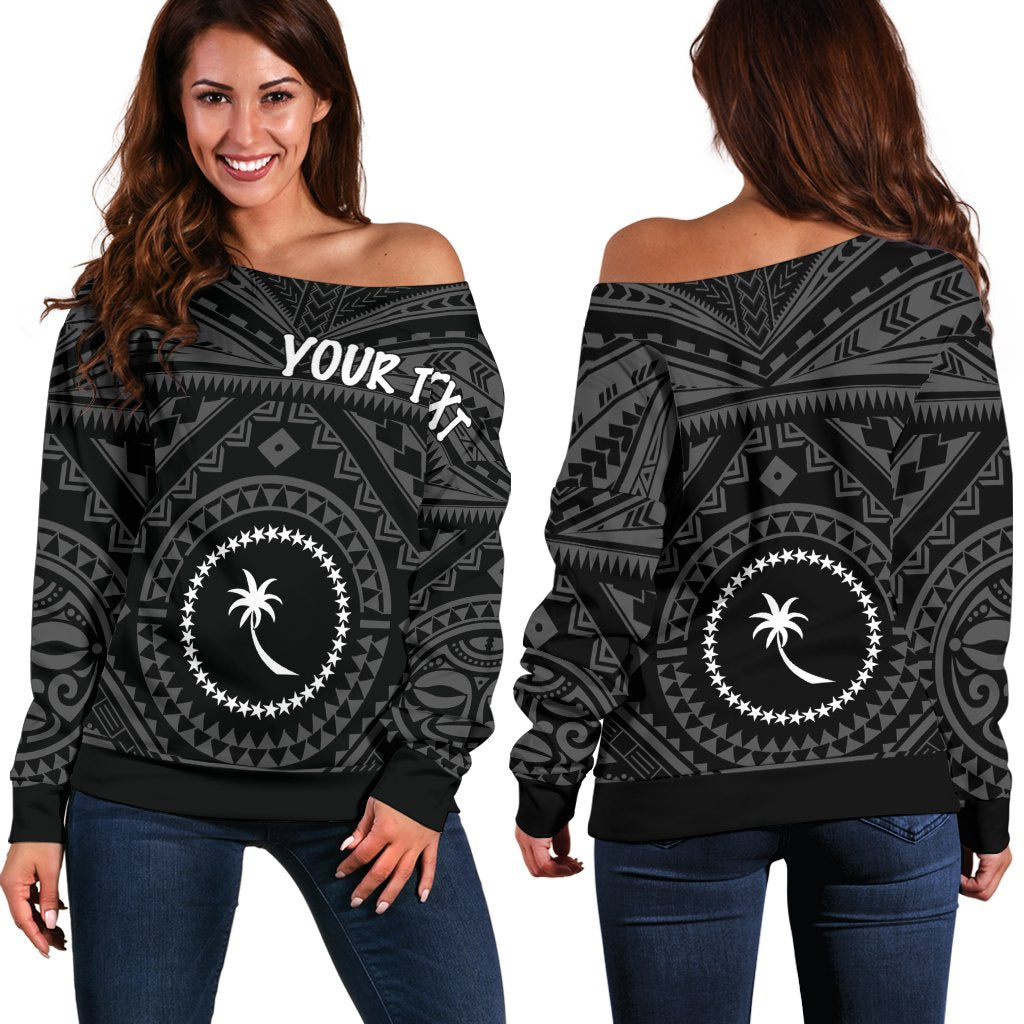 Chuuk Custom Personalised Women's Off Shoulder Sweater - Chuuk Seal With Polynesian Tattoo Style ( Black) - Polynesian Pride