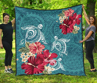 Hawaii Turtle Hibiscus Plumeria Blue Polynesian - Premium Quilt AH Blue - Polynesian Pride