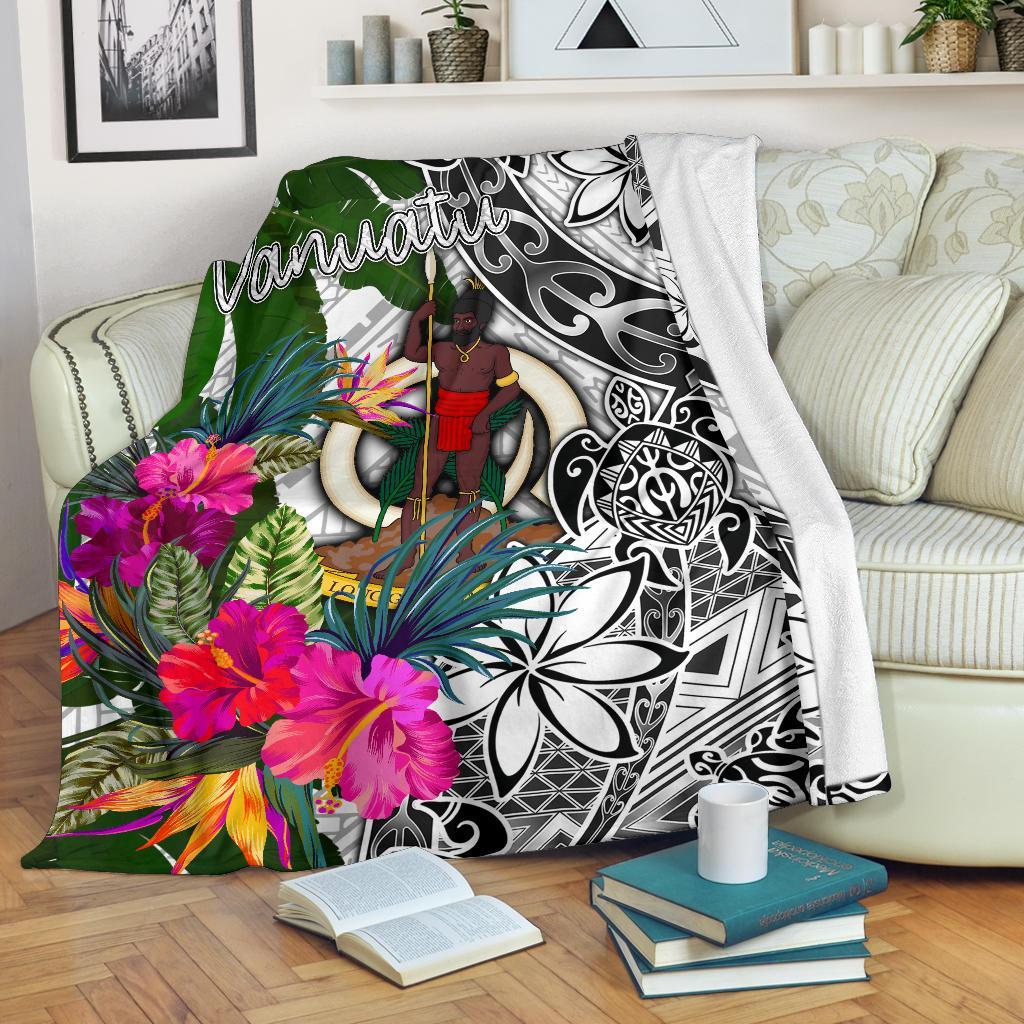 Vanuatu Premium Blanket White - Turtle Plumeria Banana Leaf - Polynesian Pride