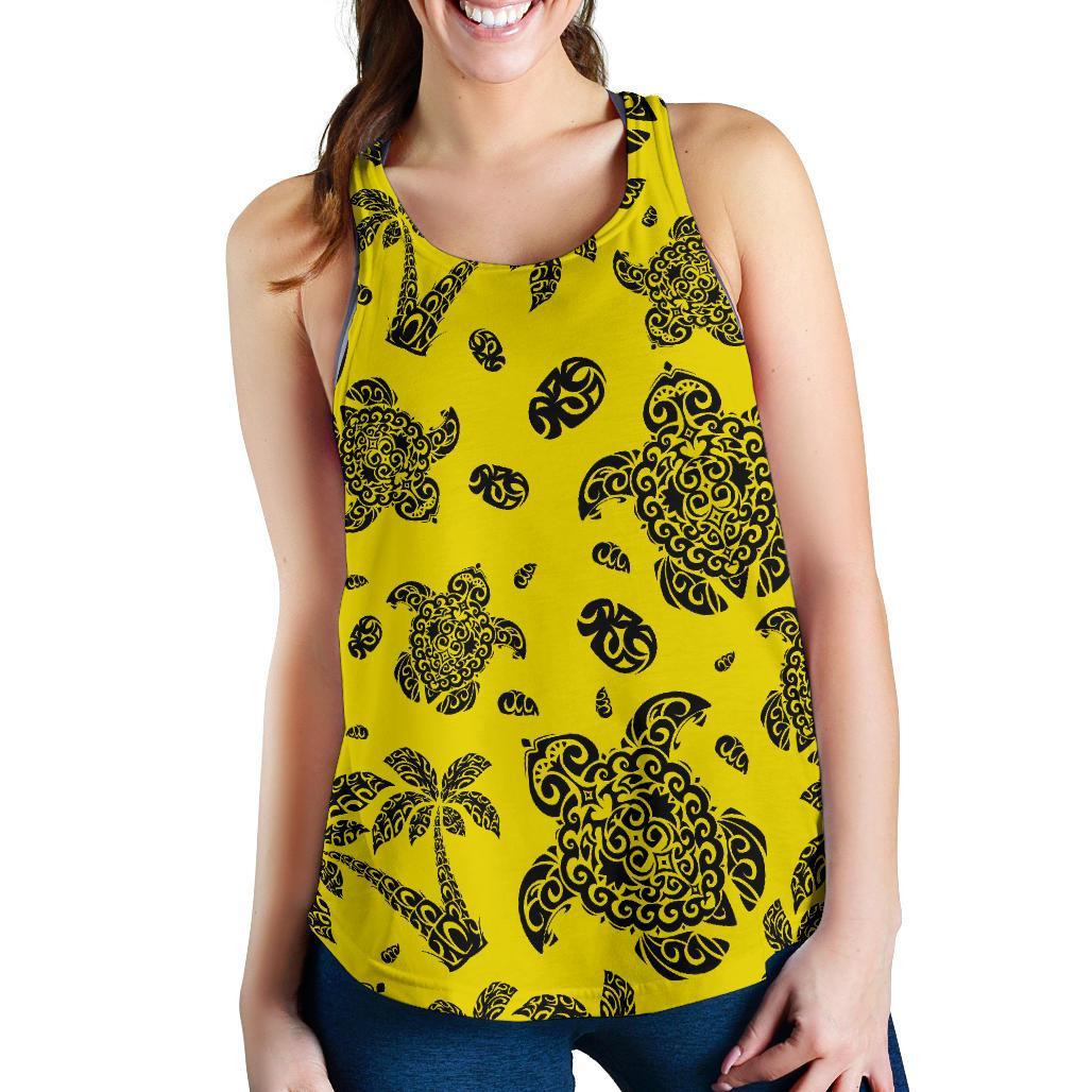 Polynesian Turtle Palm And Sea Pebbles Yellow Women's Racerback Tank Top Yellow - Polynesian Pride