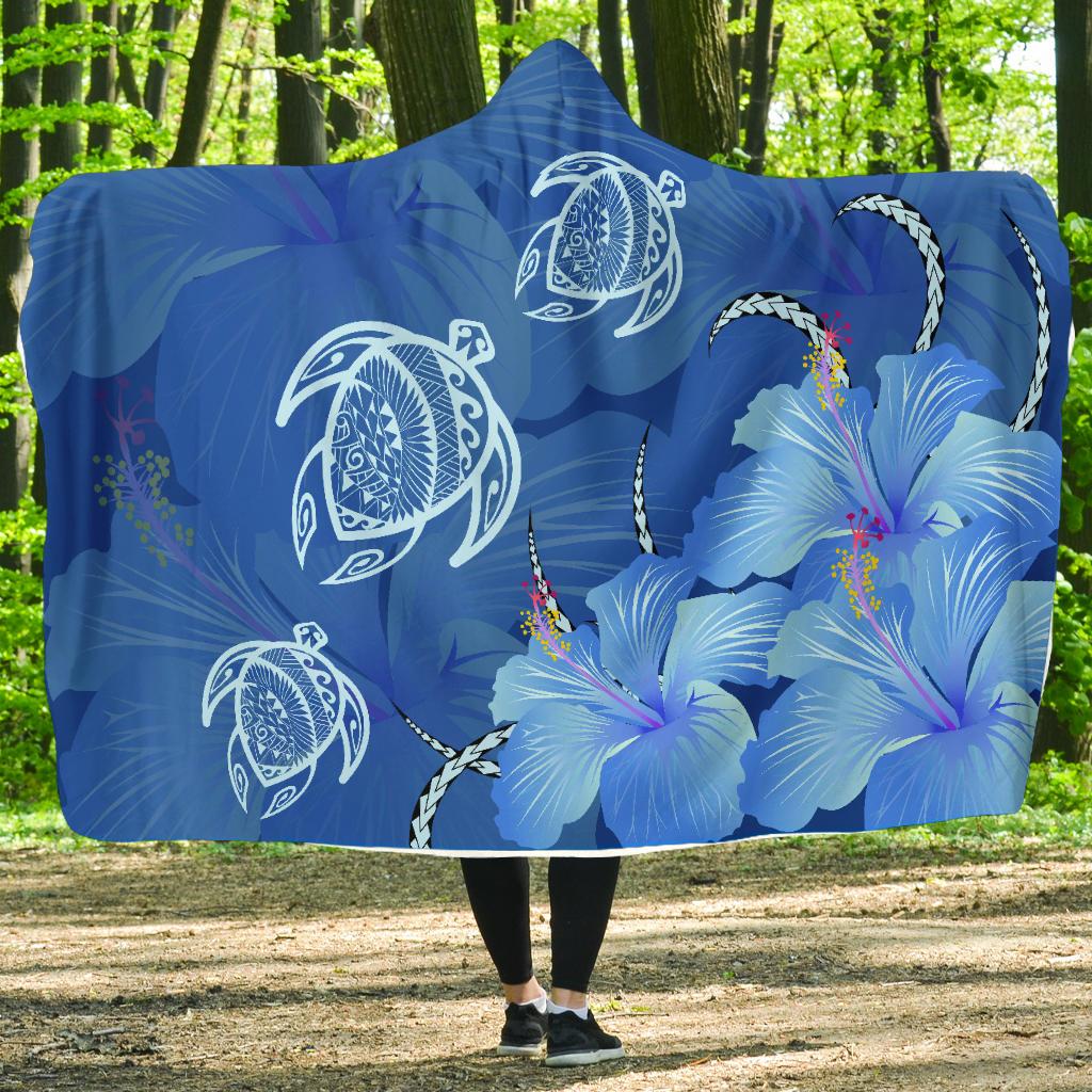 Hawaii Blue Hibiscus Turtle Polynesian Hooded Blanket - Polynesian Pride