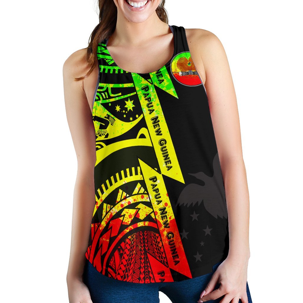Polynesian Guinea Women's Racerback Tank - Moana Maui Tattoo With Coat Of Arm Guinea Reggae - Polynesian Pride