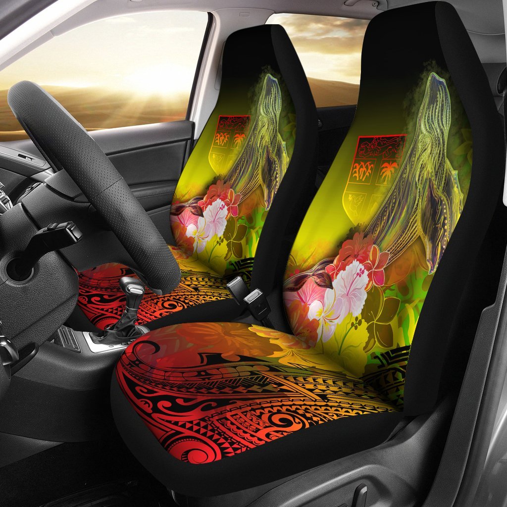 Fiji Car Seat Covers - Humpback Whale with Tropical Flowers (Yellow) Universal Fit Yellow - Polynesian Pride