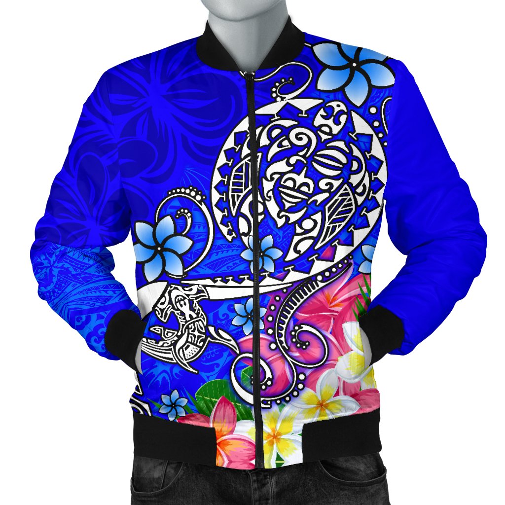 Polynesian Men's Bomber Jacket - Turtle Plumeria Blue Color Blue - Polynesian Pride