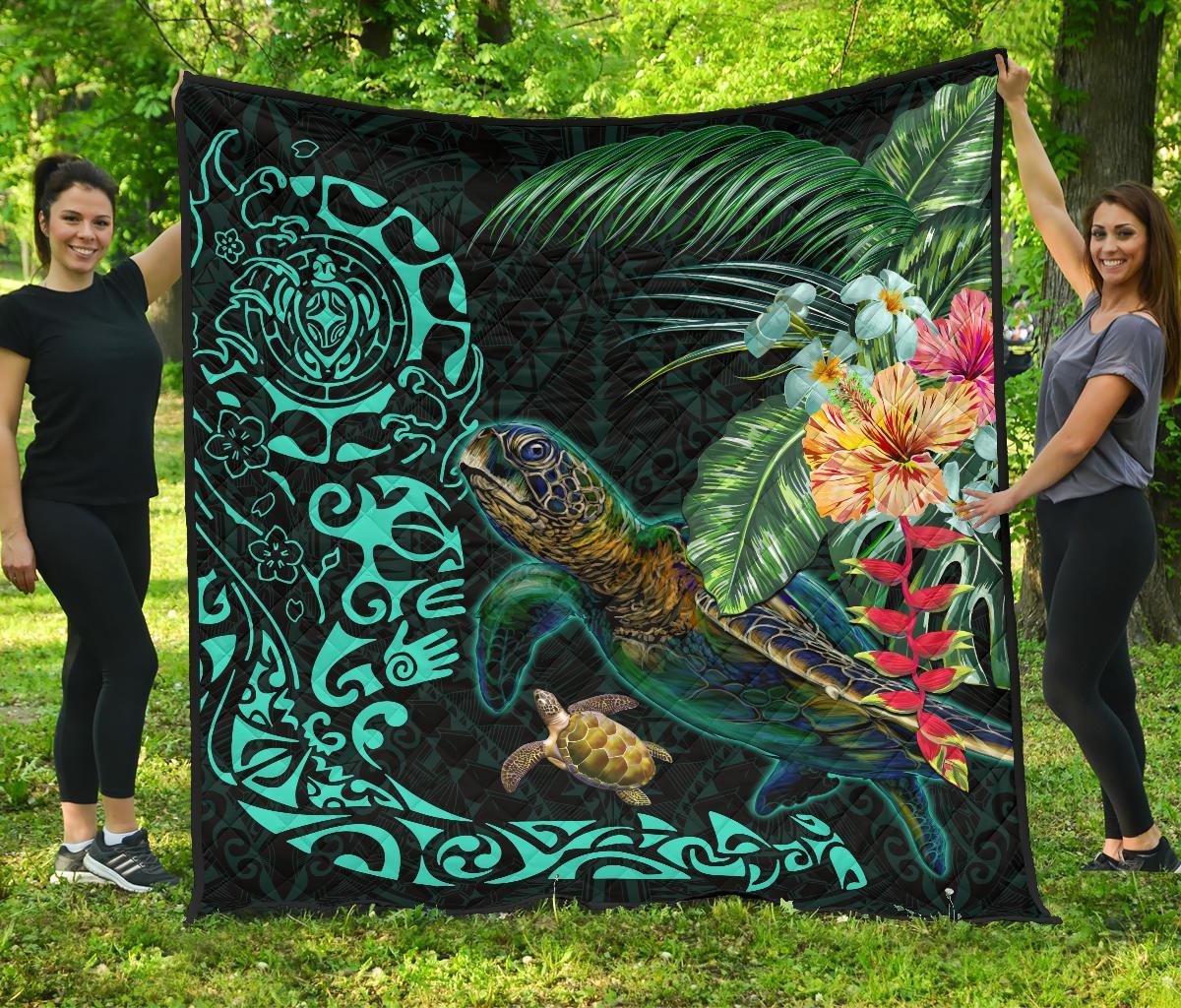 Tiki Polynesian Premium Quilt Turtle Hibiscus Black - Polynesian Pride