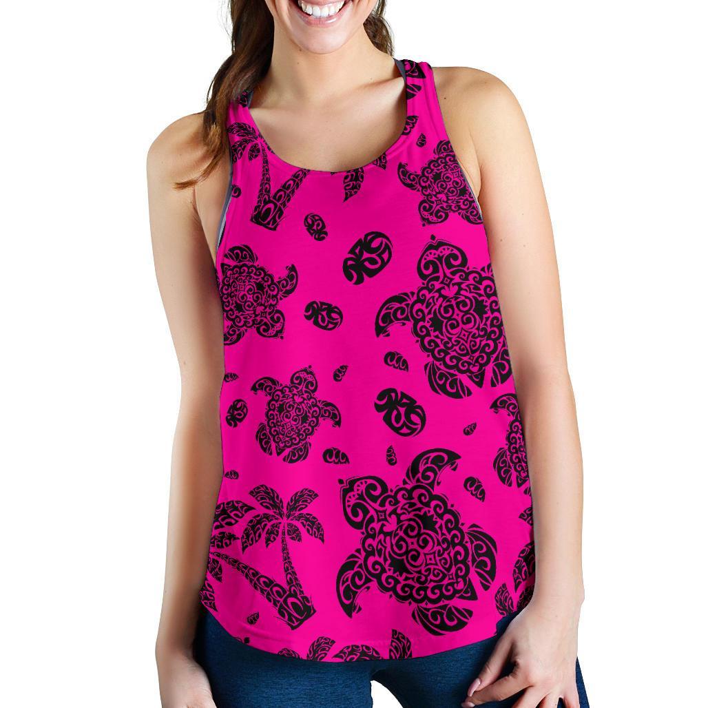 Polynesian Turtle Palm And Sea Pebbles Pink Women's Racerback Tank Top Pink - Polynesian Pride