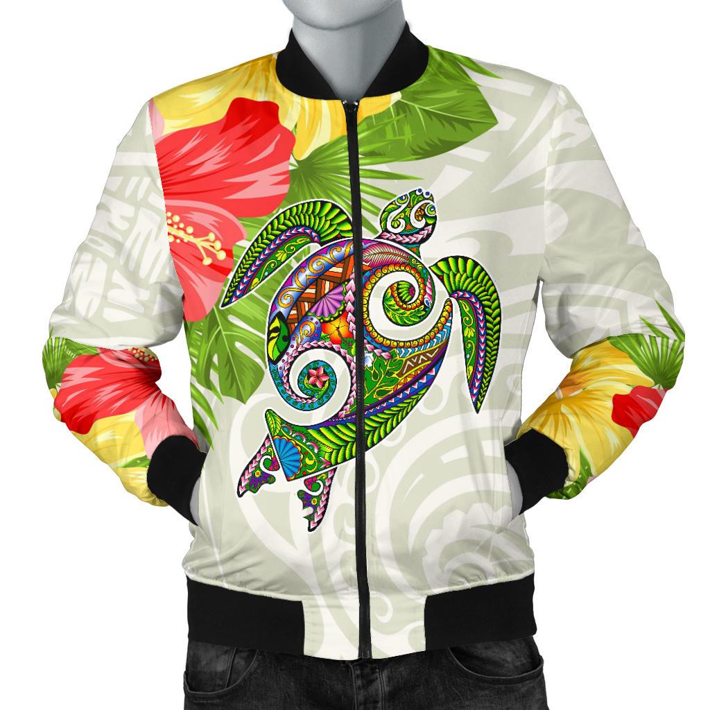 Polynesian Hawaii Men's Bomber Jacket Turtle Colorful White - Polynesian Pride