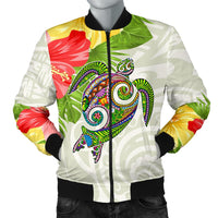Polynesian Hawaii Men's Bomber Jacket Turtle Colorful White - Polynesian Pride