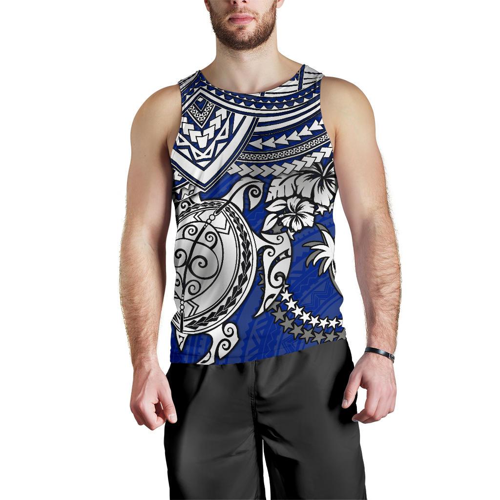 Chuuk Polynesian Men's Tank Top - White Turtle (Blue) - Polynesian Pride
