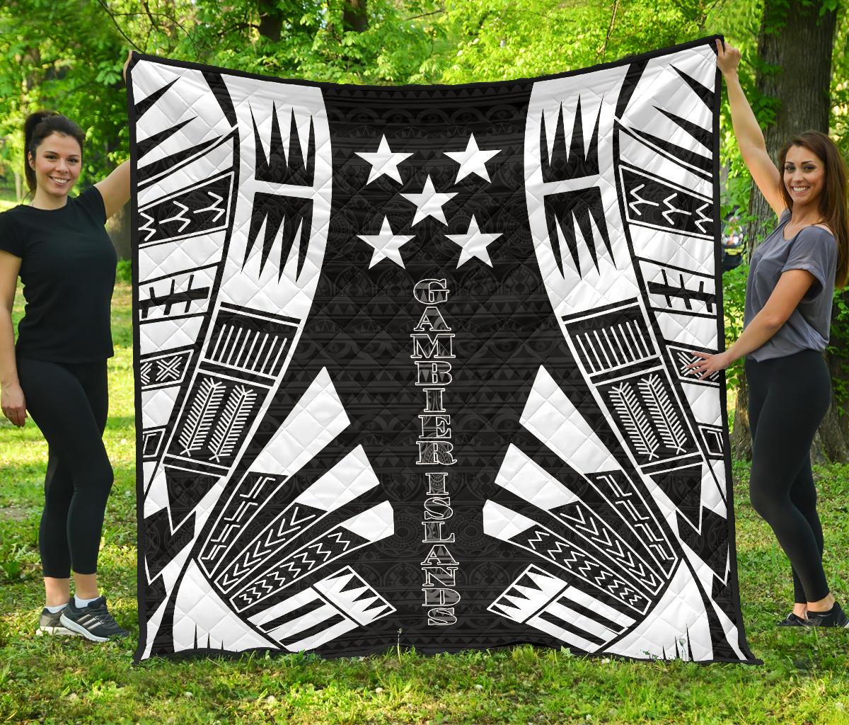 Gambier Islands Premium Quilt - Gambier Islands Flag Polynesian White Tattoo (Black) Black - Polynesian Pride