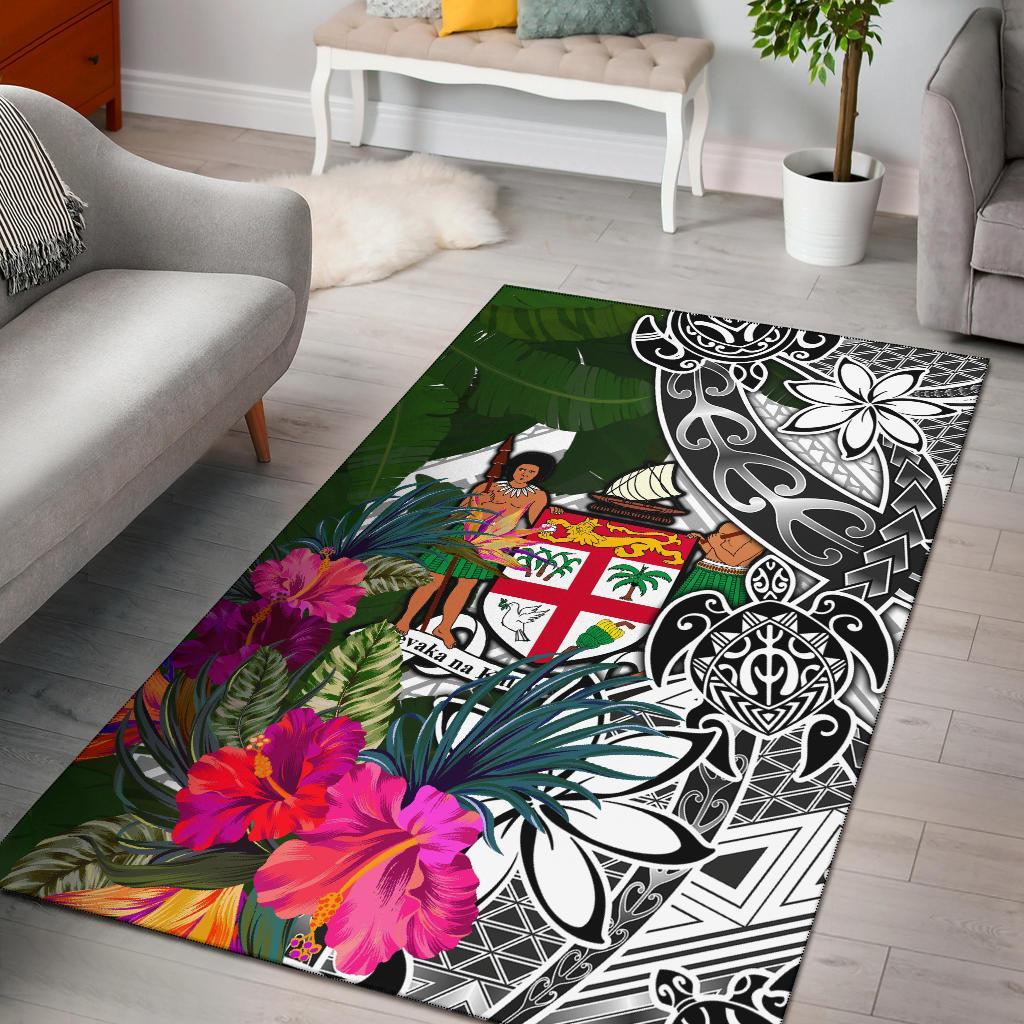 Fiji Area Rug White - Turtle Plumeria Banana Leaf Crest - Polynesian Pride