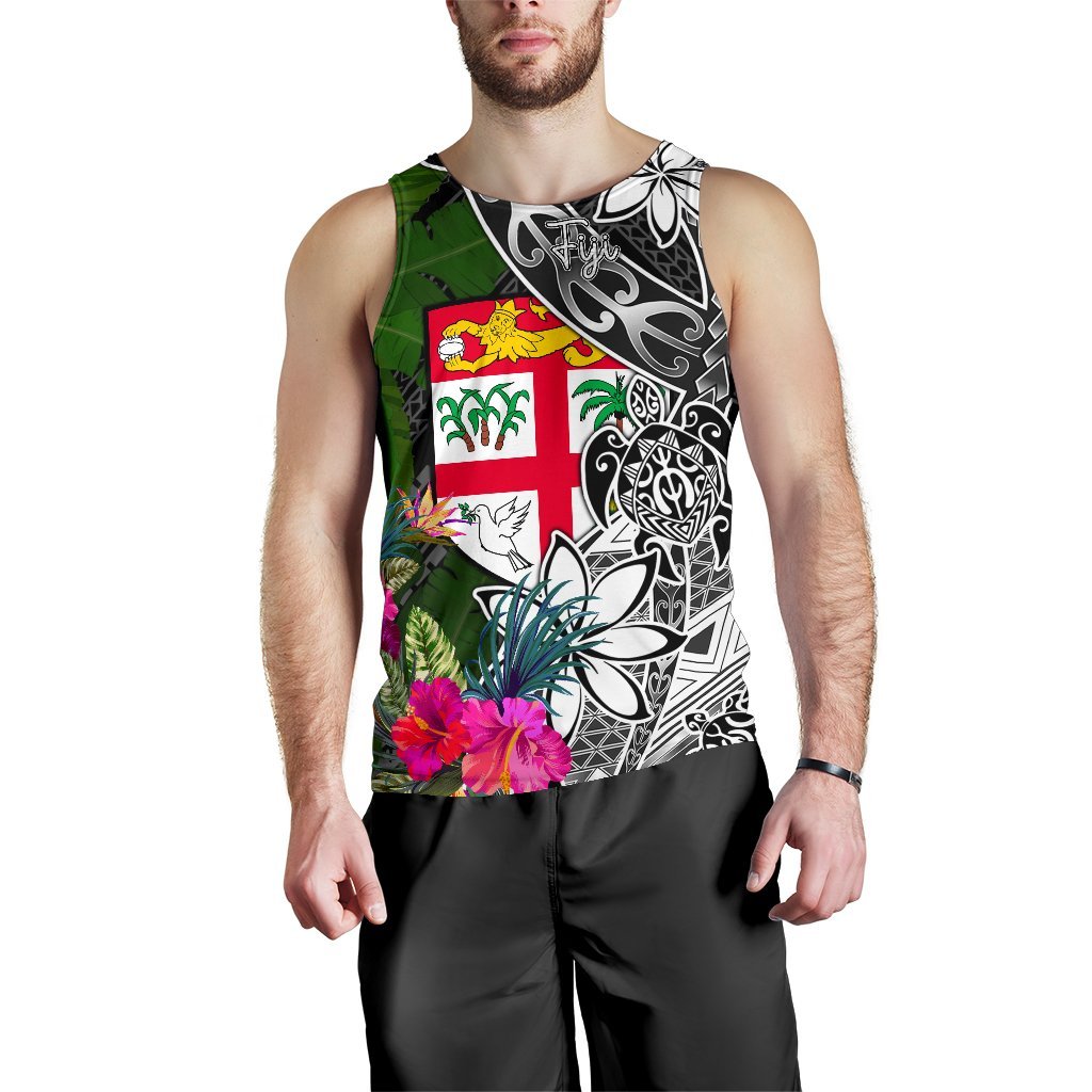 Fiji Men Tank Top - Turtle Plumeria Banana Leaf Black - Polynesian Pride
