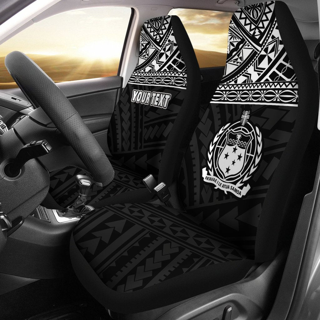 Samoa Custom Personalised Car Seat Covers - Samoa White Coat Of Arms Polynesian Tattoo Universal Fit Black - Polynesian Pride