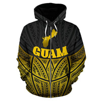 Guam Polynesian Zip up Hoodie Gold Pride Map and Seal - Polynesian Pride
