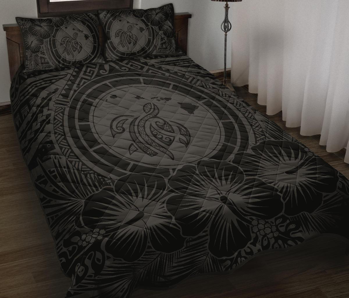 Hawaiian Map Honu Hibiscus Gray Polynesian Quilt Bed Set - Polynesian Pride