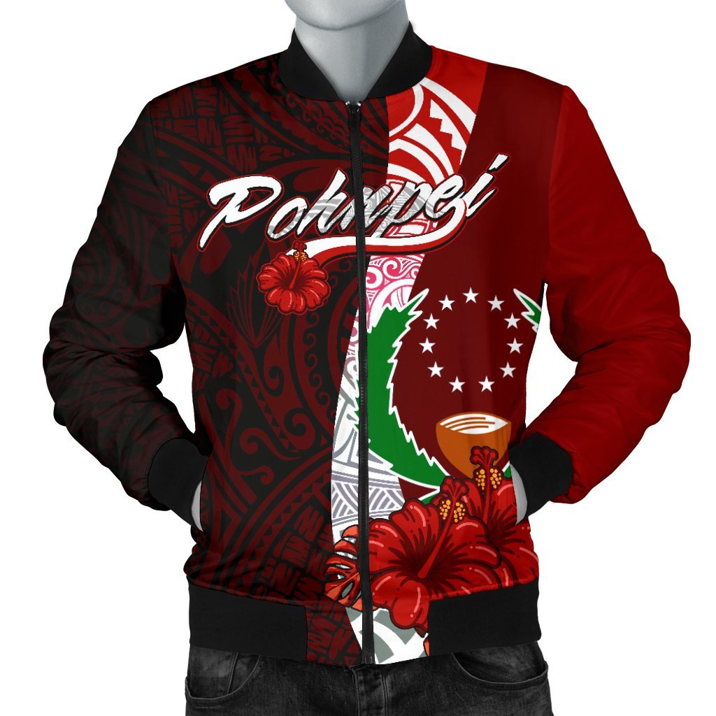 Pohnpei Micronesia Men's Bomber Jacket - Coat Of Arm With Hibiscus Red - Polynesian Pride