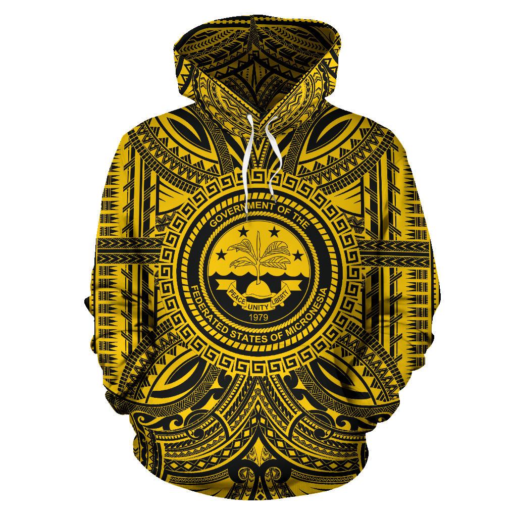 Federated States of Micronesia ll Over Hoodie Federated States of Micronesia Coat of rms Polynesian Gold Black Unisex Gold - Polynesian Pride