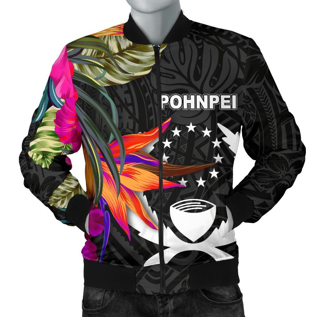 Pohnpei Men's Bomber Jacket - Polynesian Hibiscus Pattern Black - Polynesian Pride