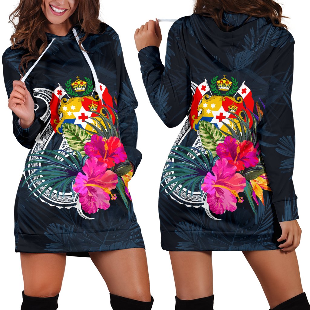 Tonga Polynesian Women's Hoodie Dress - Tropical Flower Blue - Polynesian Pride