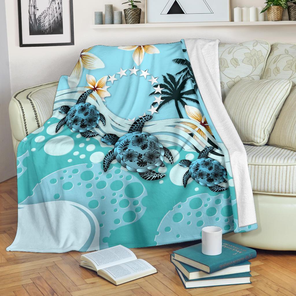 Cook Islands Premium Blanket - Blue Turtle Hibiscus White - Polynesian Pride